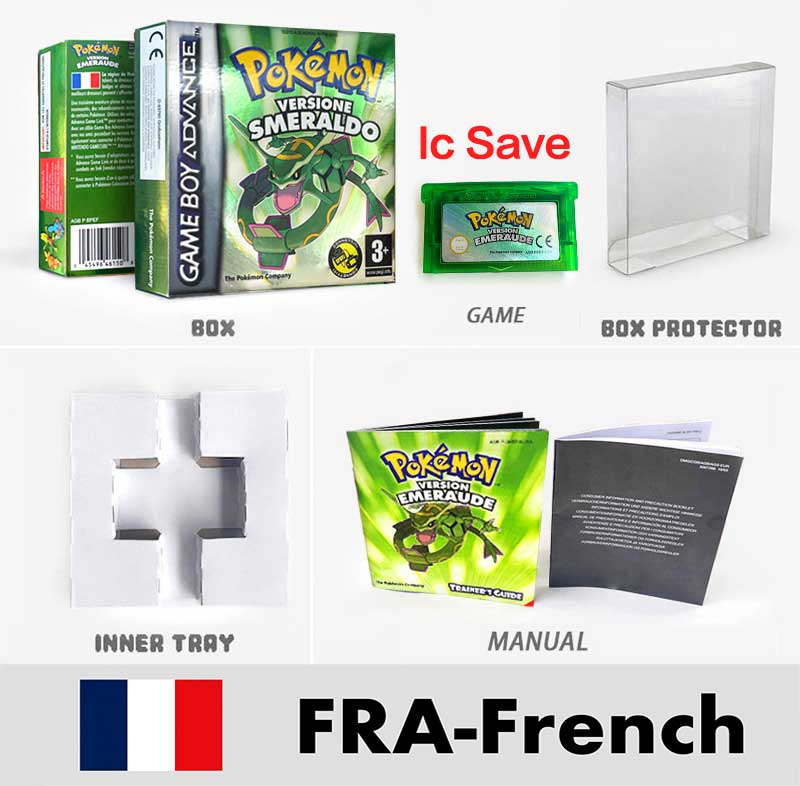 USA FRA NOE FRA IC SAVE Pokemon Emerald Ruby Sapphire LeafGreen Firered Sealed Box Tray Game Cartridge Manual for Gba