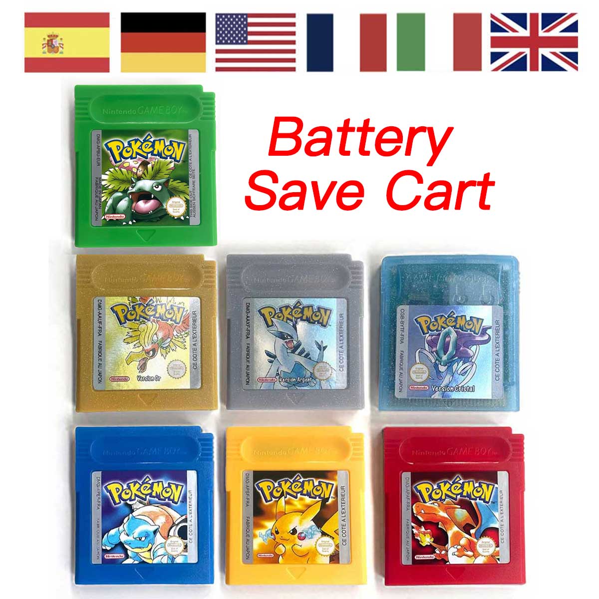 USA ITA NOE FRA ESP EUR Version Battery Save Cart Pokemon Yellow Red Crystal Gold Silver Blue Green 16 Bit Game Cartridge for GBC