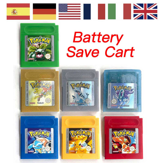 USA ITA NOE FRA ESP EUR Version Battery Save Cart Pokemon Yellow Red Crystal Gold Silver Blue Green 16 Bit Game Cartridge for GBC