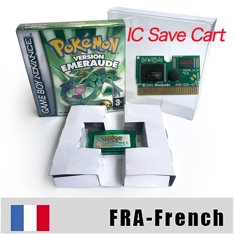 EUR ESP NOE FRA ITA IC save cart Nintendo Pokemon Emerald Ruby Leafgreen Sapphire Firered Metallic Holographic Box game cartridge for GBA