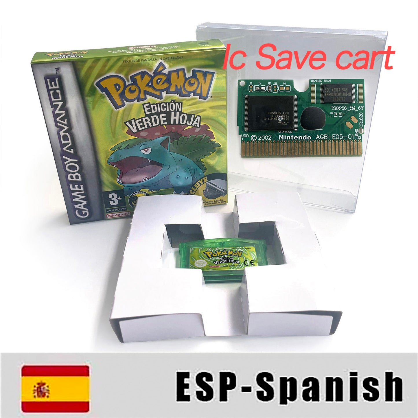 ESP Spanish IC save 1 M flash cart pokemon leafgreen version box with tray Nintendo game cartridge for gba
