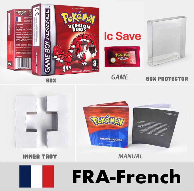 USA FRA NOE FRA IC SAVE Pokemon Emerald Ruby Sapphire LeafGreen Firered Sealed Box Tray Game Cartridge Manual for Gba