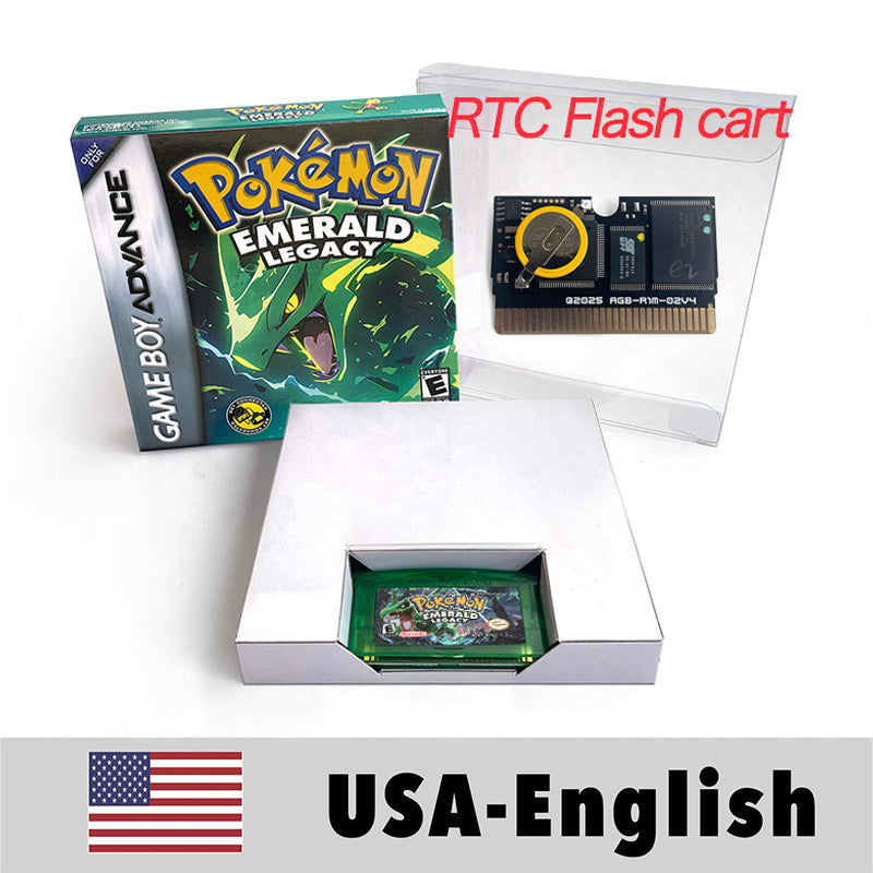 USA ESP RTC/1M Flash cart pokemon GLAZED Emerald Legacy firered rocket Unbound Odyssey lazarus Cartridge BOX Card Rom Hack for gba