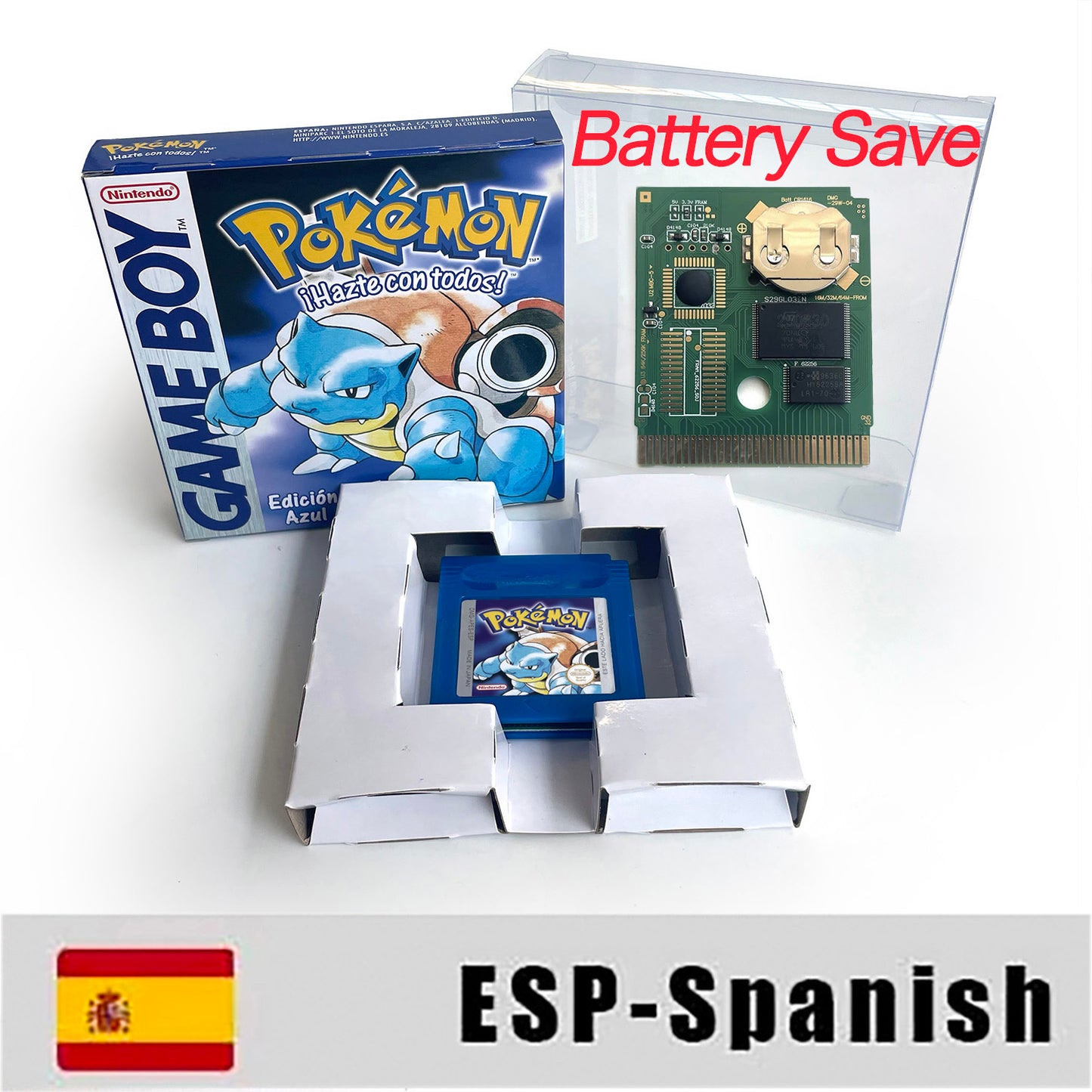 GBC game ESP Spanish pokemon blue version Nintendo Battery save flash cart pokemon azul cartridge tray box gbc game boy color