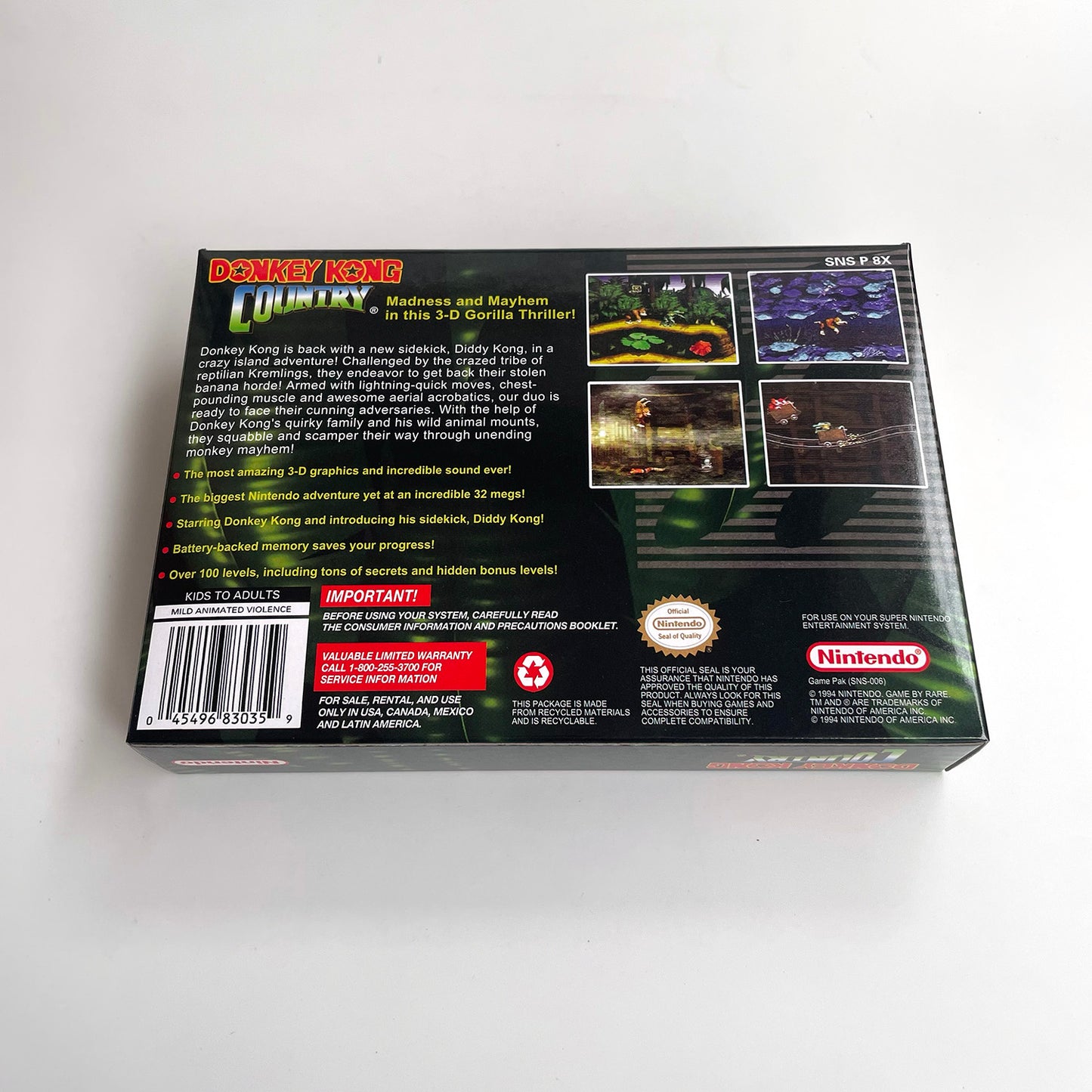 donkey kong country 1 USA cartridge with tray box manual for SNES super nintendo entertainment system