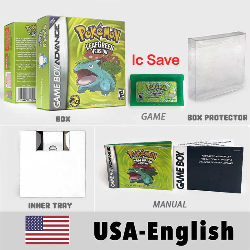 USA FRA NOE FRA IC SAVE Pokemon Emerald Ruby Sapphire LeafGreen Firered Sealed Box Tray Game Cartridge Manual for Gba