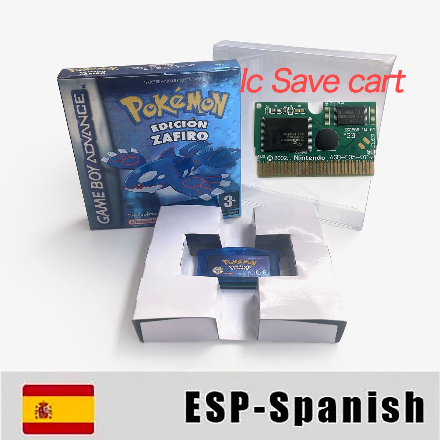 ESP Spanish IC save rtc flash cart Real Time Clock pokemon sapphire version box with tray Nintendo game cartridge for gba