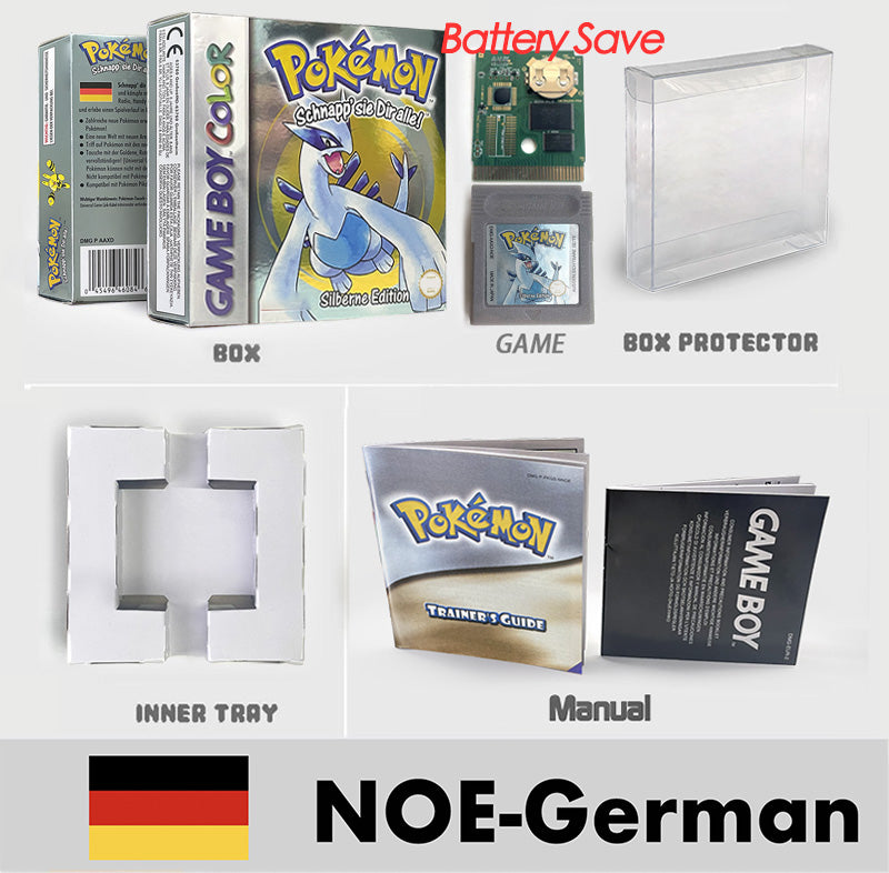 USA ITA NOE FRA ESP version battery save cart sealed pokemon crystal gold silver yellow red blue 16 bit box tray manual Game Cartridge for GBC