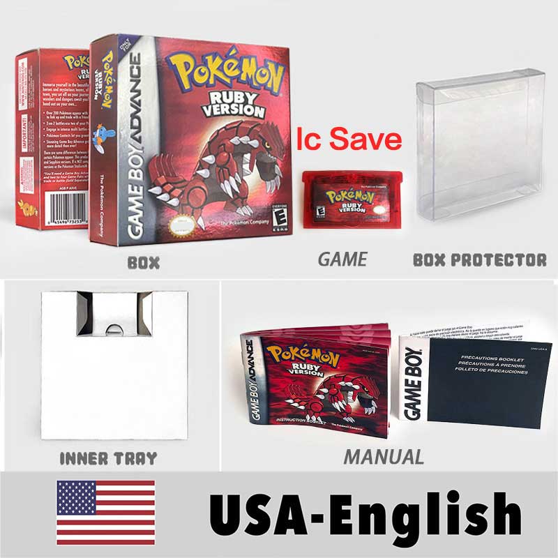 USA FRA NOE FRA IC SAVE Pokemon Emerald Ruby Firered Sapphire LeafGreen Sealed Box Tray Game Cartridge Manual for Gba