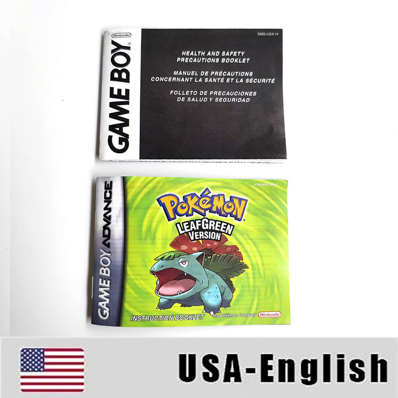 USA FRA NOE FRA ESP Pokemon Leaf Green Fire Red Ruby Emerald Sapphire Game Cartridge manual for Gba