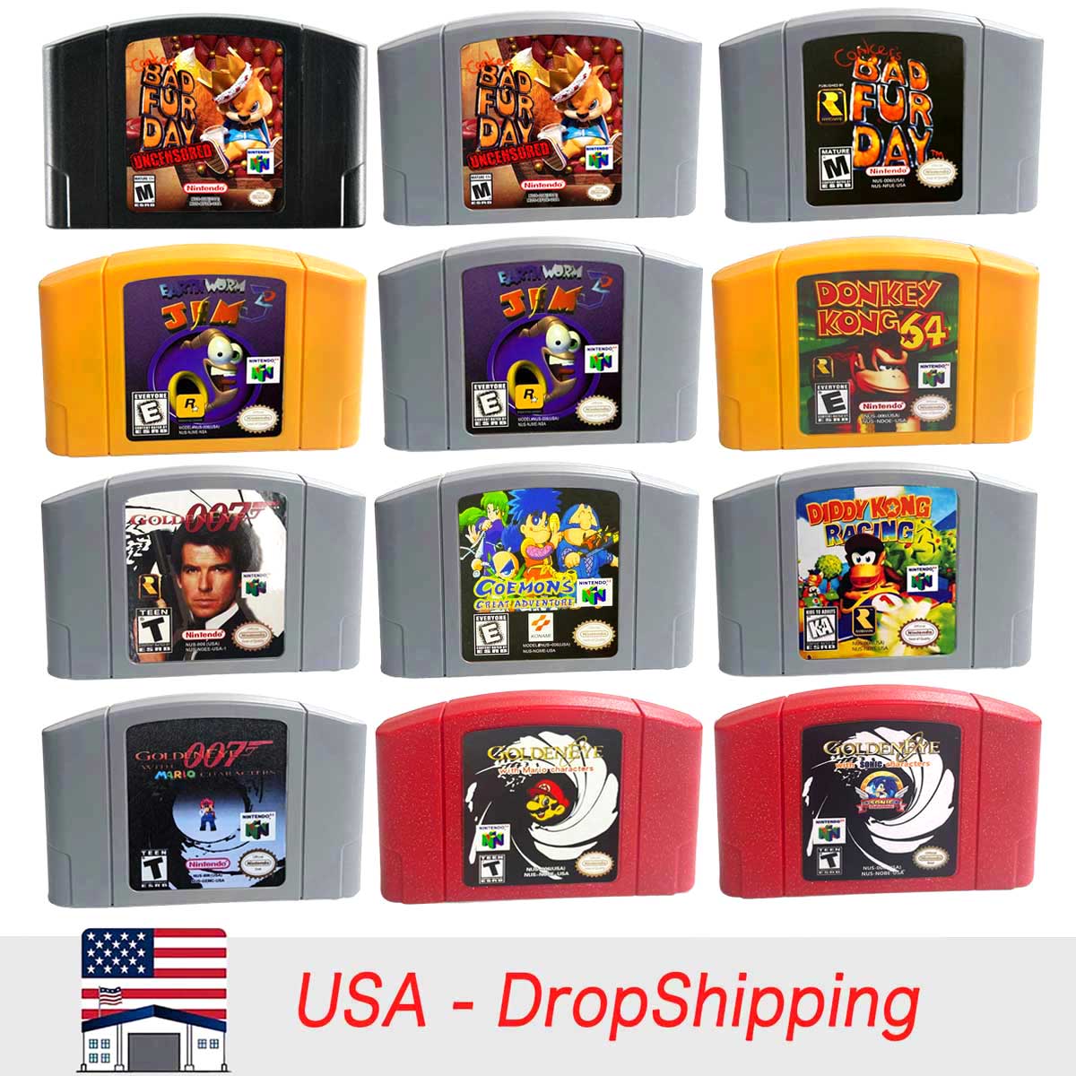 （Shipped From The United States) GolenEye Earthwork Jim 3D Conkers Bad Fur Day Donkey Kong 64 USA NTSC Version English Retro Video Game Consoles 64bit Game Cartridge for N64