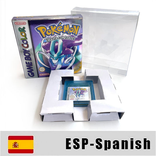 GBC game ESP Spanish pokemon crystal version RTC Flash cart Battery save Nintendo pokemon cristal cartridge tray box game boy color
