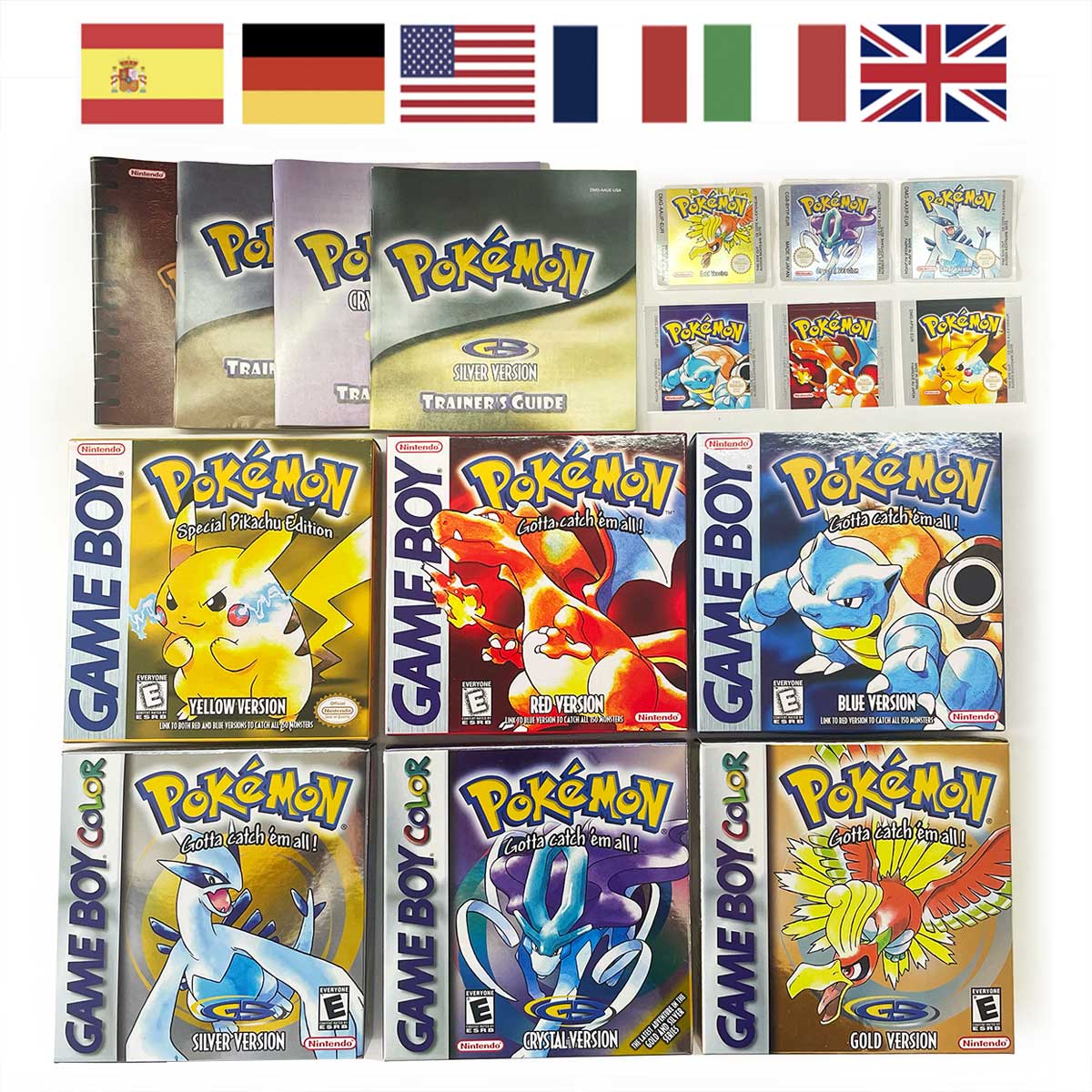 USA FRA NOE ESP ITA EUR Pokemon crystal gold silver red blue yellow Metallic FoilFinish Box Trey Manual label for GBC