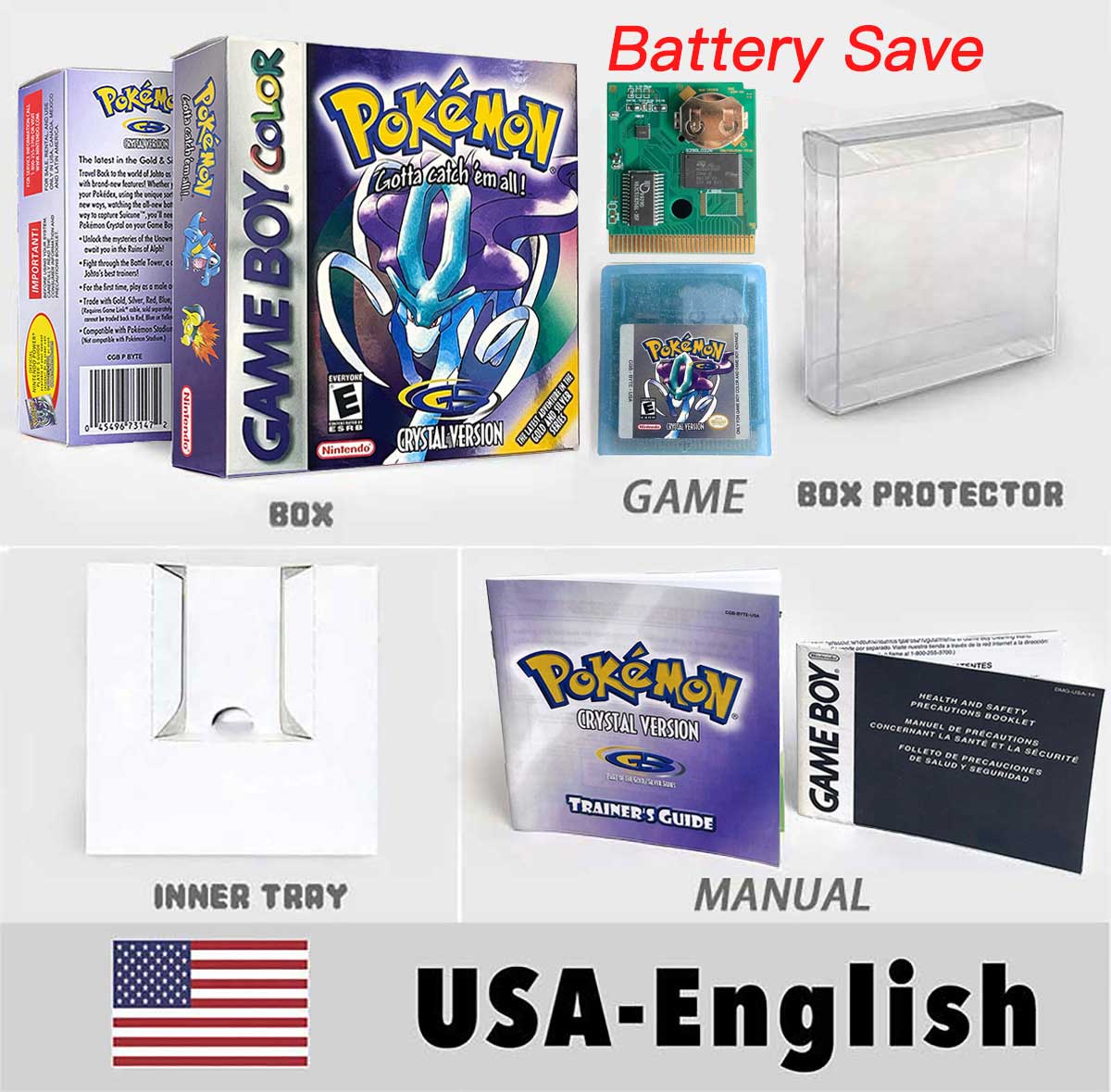 USA ITA NOE FRA ESP version battery save cart sealed pokemon crystal gold silver yellow red blue 16 bit box tray manual Game Cartridge for GBC