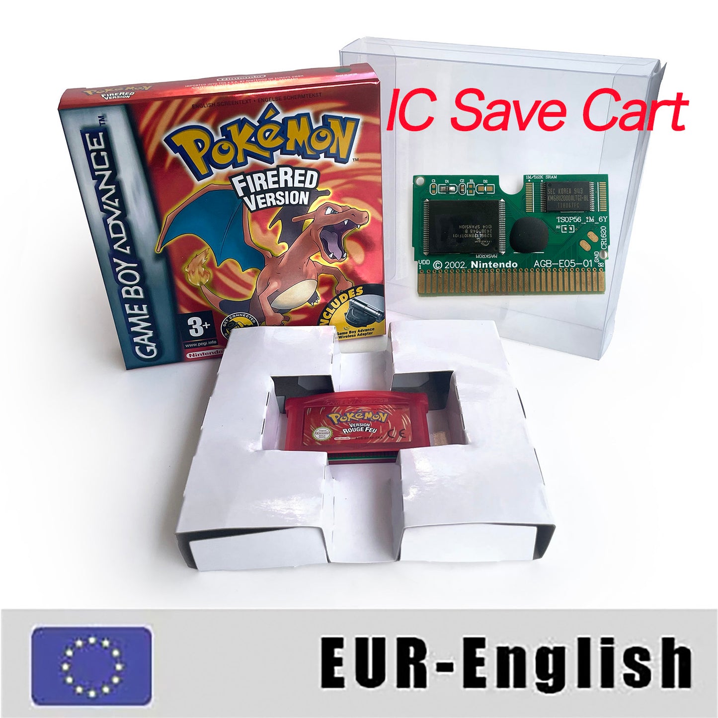 EUR English IC save 1 M flash cart pokemon firered version box with tray Nintendo game cartridge for gba game boy advance