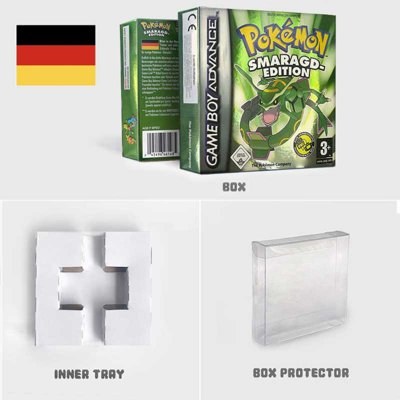 USA FRA NOE ESP ITA EUR Pokemon Emerald Sapphire Leafgreen Ruby Firered Metallic FoilFinish Box Trey Manual label for GBA