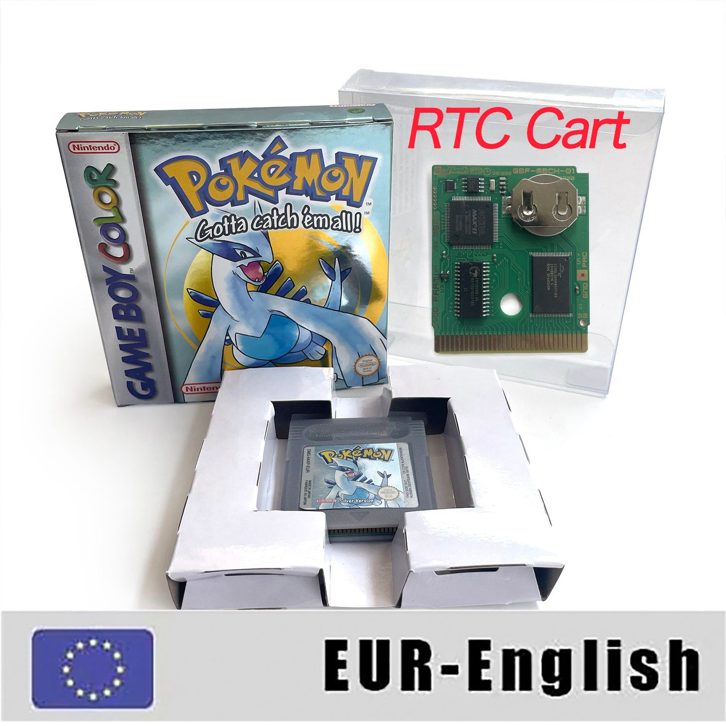 GBC game EUR english pokemon silver version RTC Flash cart Battery save Nintendo cartridge tray box game boy color