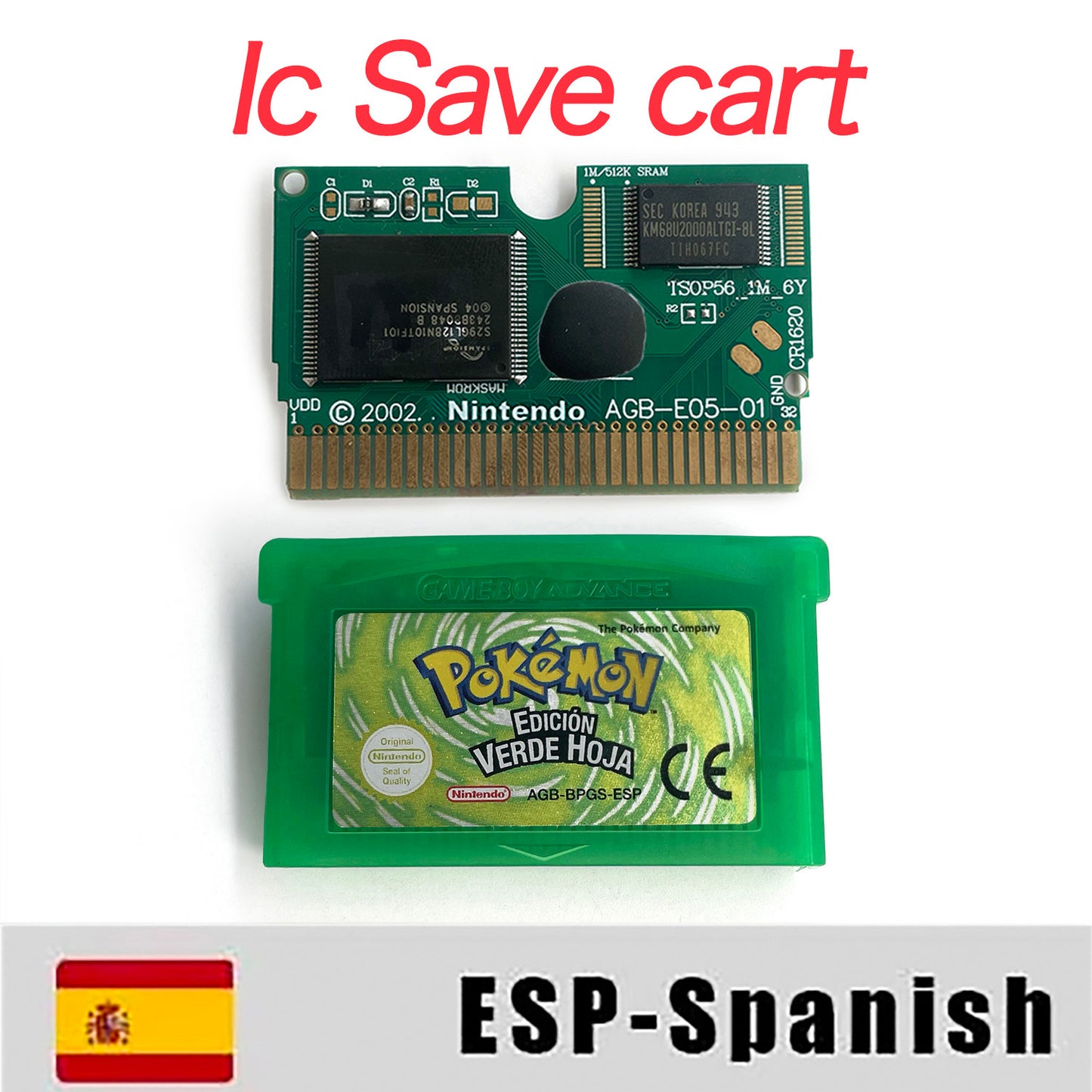 ESP Spanish IC save 1 M flash cart pokemon leafgreen version box with tray Nintendo game cartridge for gba