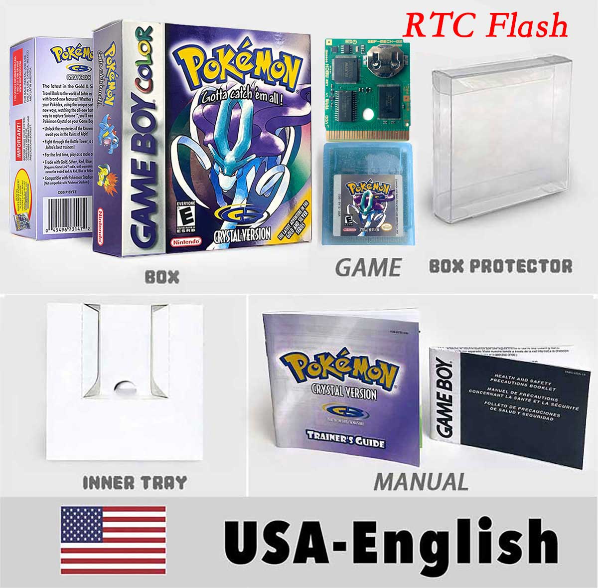 USA ITA NOE FRA ESP pokemon RTC Gold silver crystal NO RTC yellow red blue sealed 16 bit box tray manual Game Cartridge for GBC