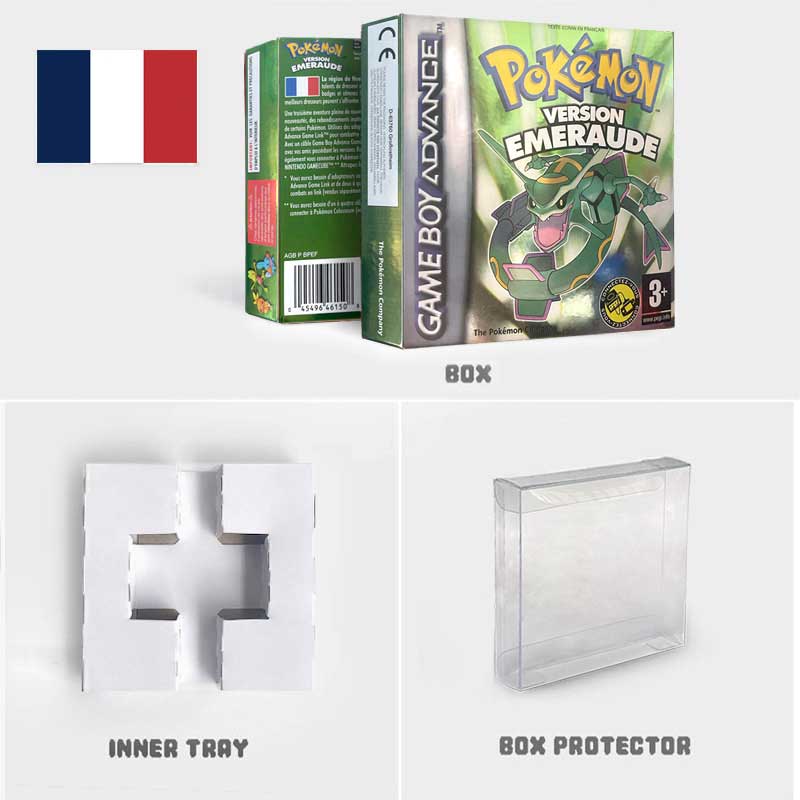 USA FRA NOE ESP ITA EUR Pokemon Emerald Sapphire Leafgreen Ruby Firered Metallic FoilFinish Box Trey Manual label for GBA