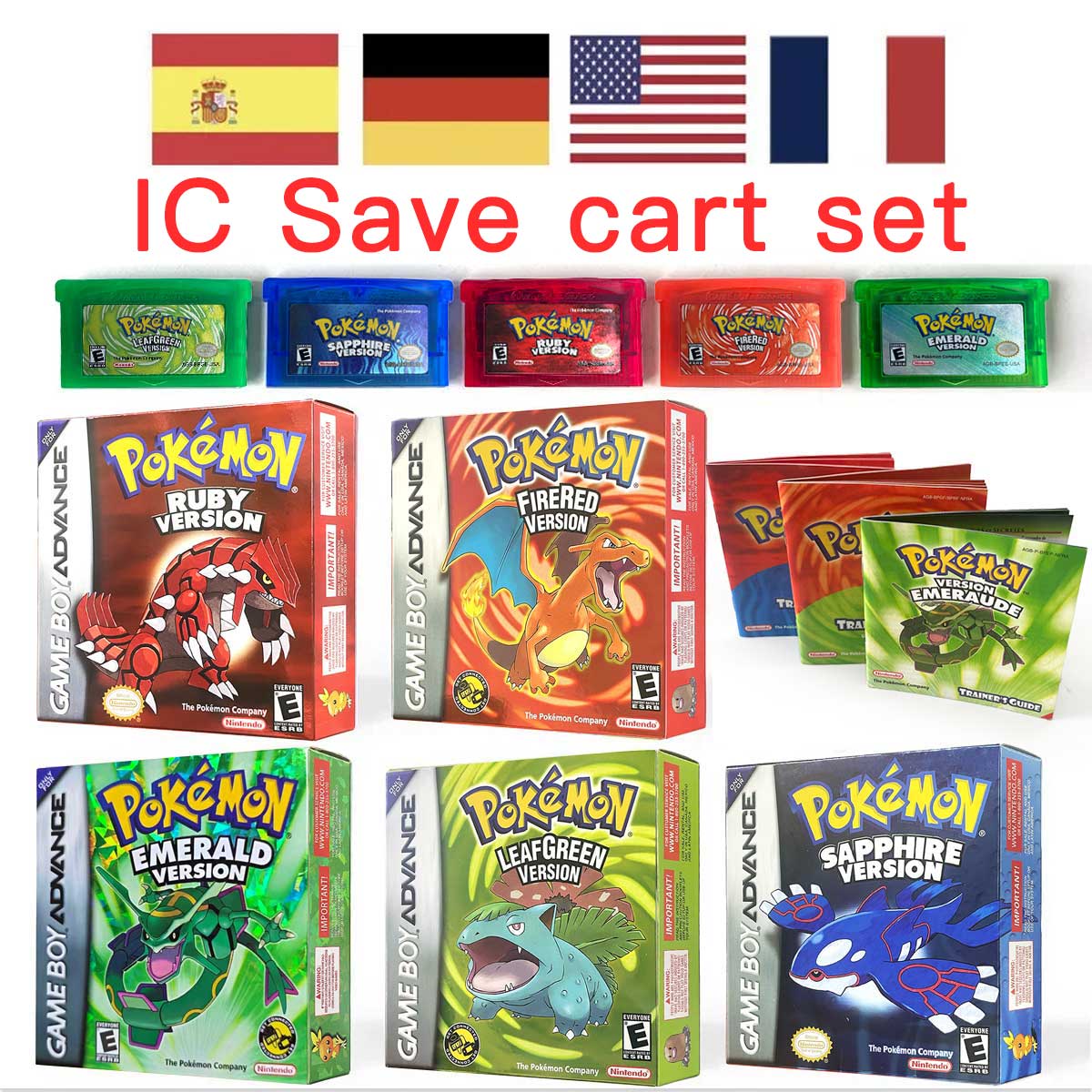 USA FRA NOE FRA IC SAVE Pokemon Emerald Ruby Sapphire LeafGreen Firered Sealed Box Tray Game Cartridge Manual for Gba