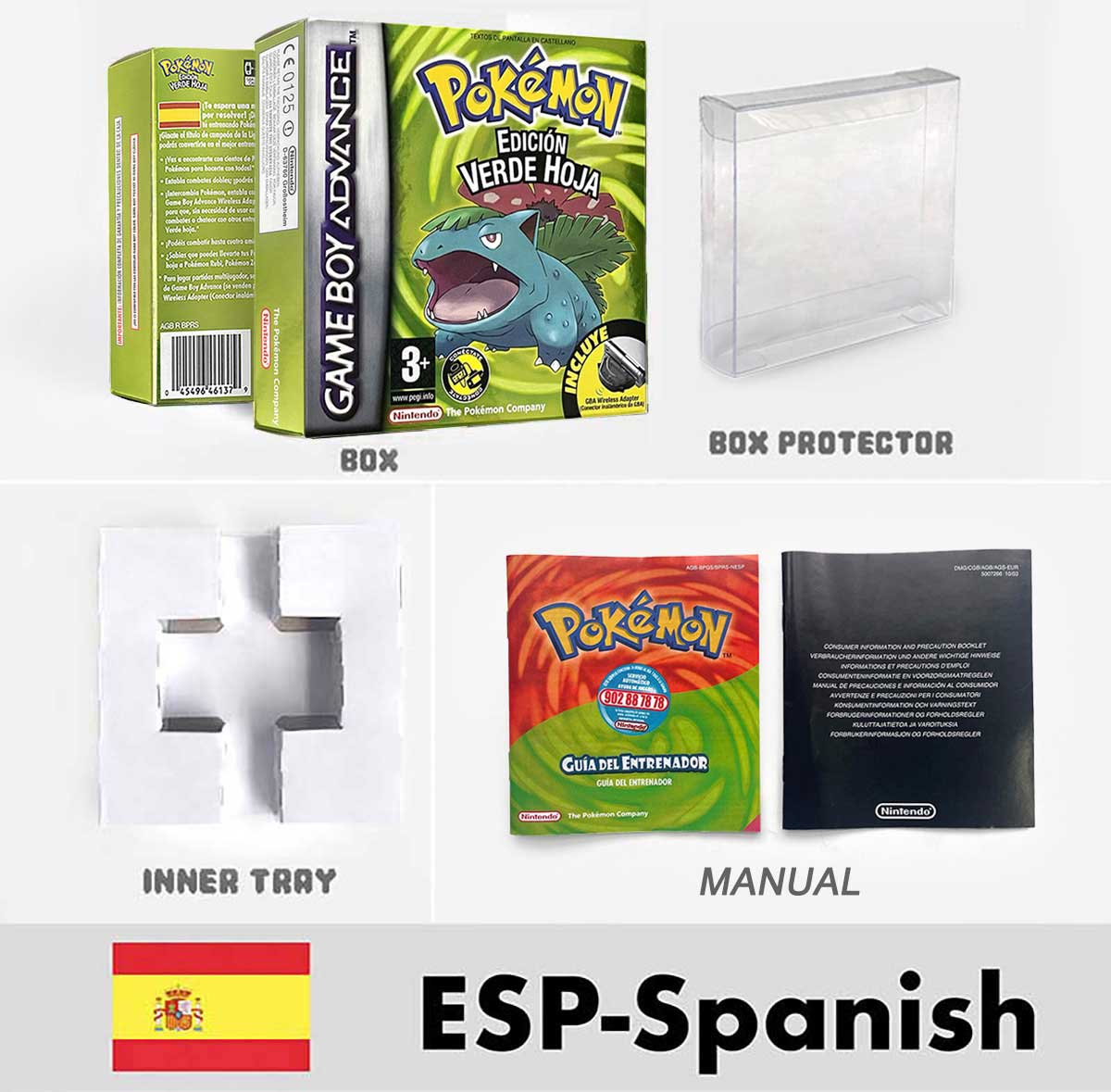USA FRA NOE FRA Pokemon Emerald Ruby Firered Sapphire LeafGreen Box Tray Manual for Gba