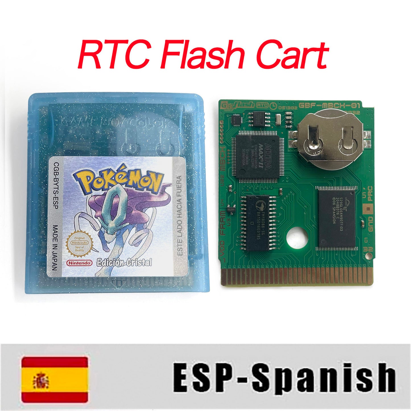 GBC game ESP Spanish pokemon crystal version RTC Flash cart Battery save Nintendo pokemon cristal cartridge tray box game boy color