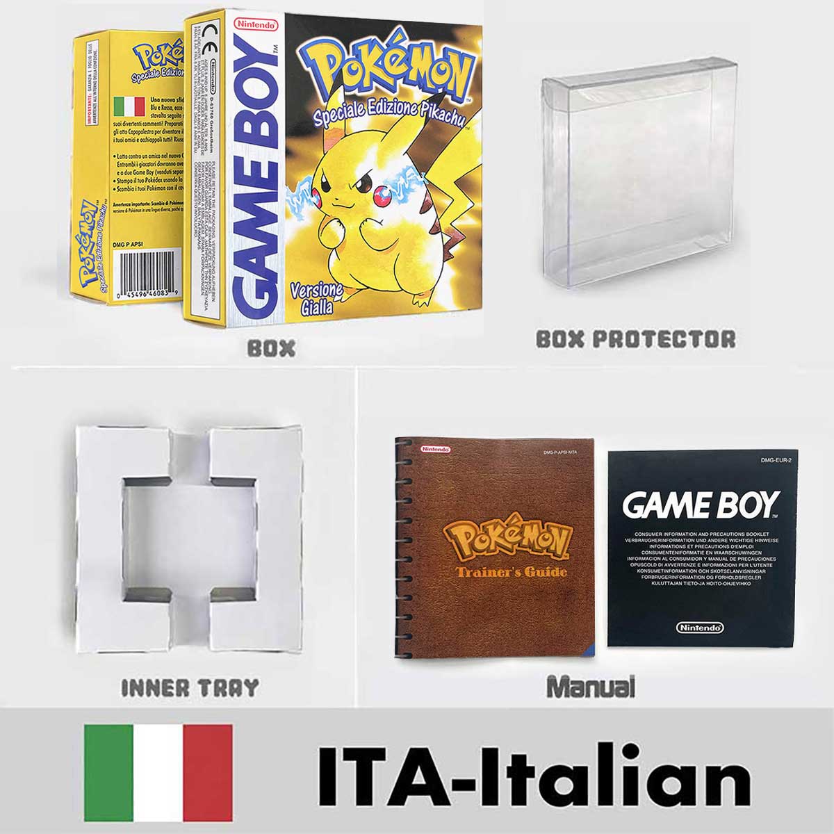 USA FRA NOE ESP ITA Pokemon Yellow Blue Red Crystal Silver Gold Green box and manual for GBC
