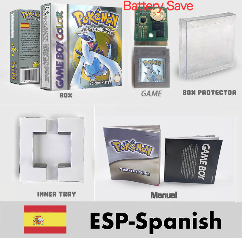 USA ITA NOE FRA ESP version battery save cart sealed pokemon crystal gold silver yellow red blue 16 bit box tray manual Game Cartridge for GBC