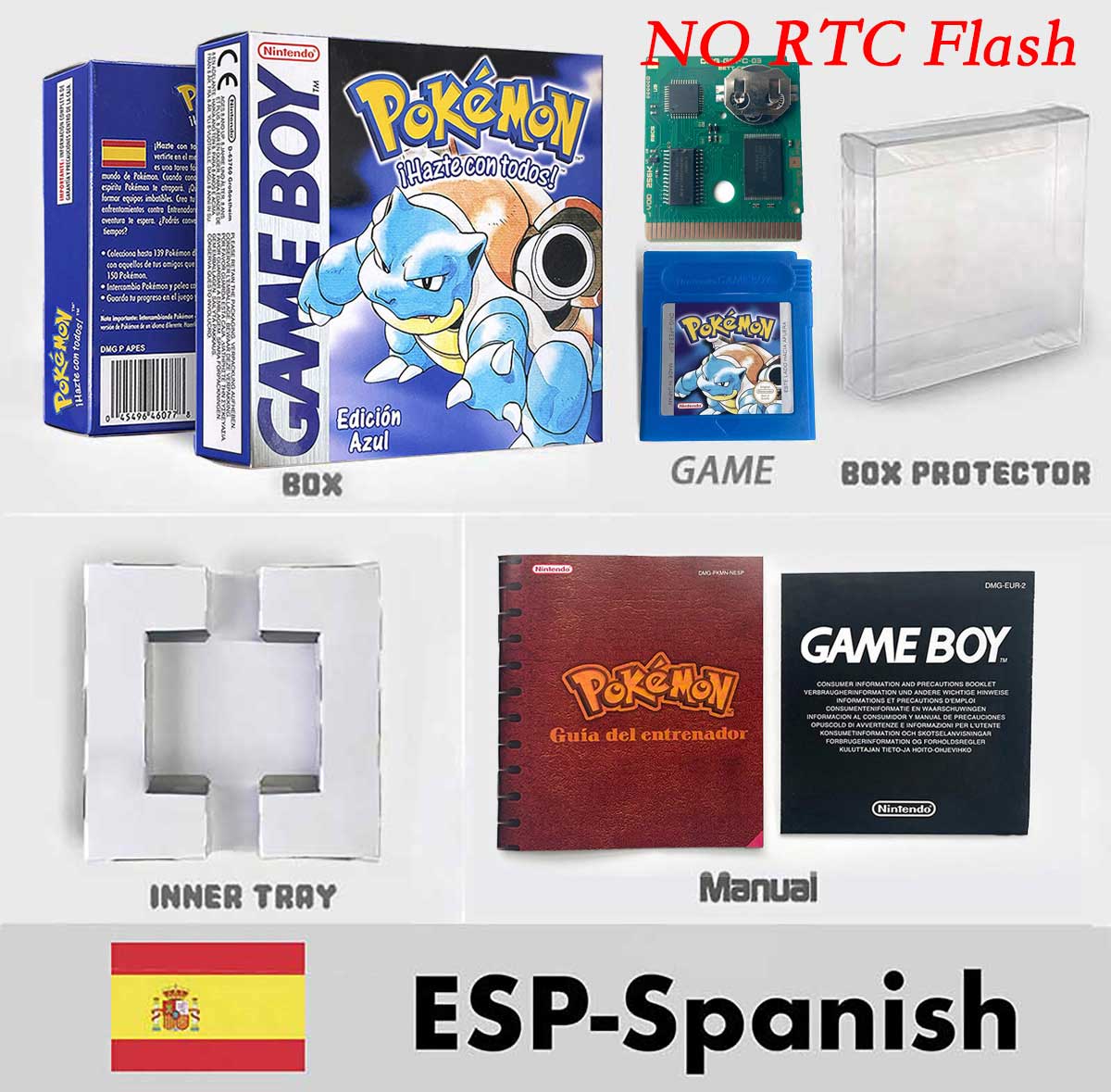 USA ITA NOE FRA ESP pokemon RTC Gold silver crystal NO RTC yellow red blue sealed 16 bit box tray manual Game Cartridge for GBC