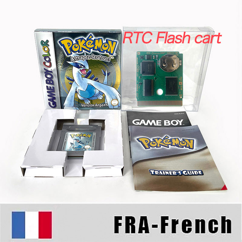 GBC game FRA French pokemon silver version RTC Flash cart Battery save Nintendo pokemon argent cartridge tray box game boy color