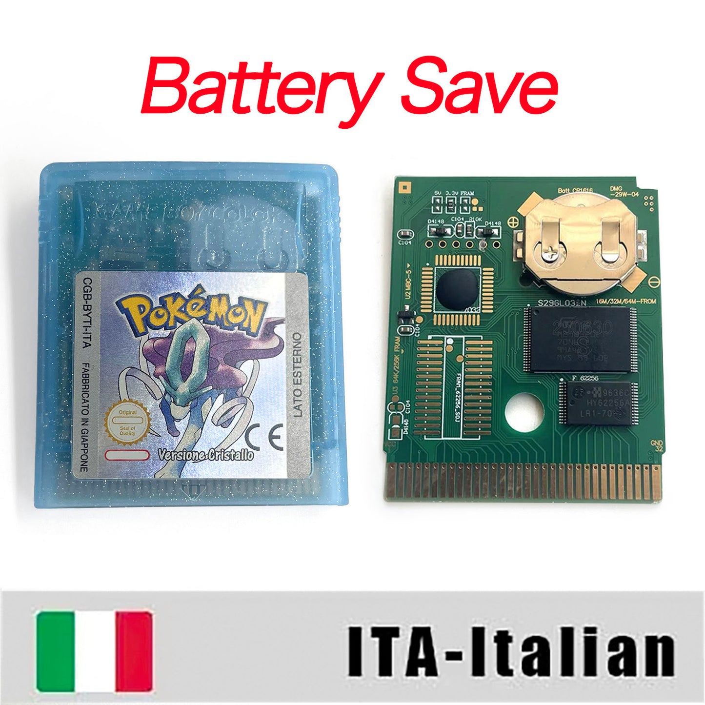 GBC game ITA Italian pokemon crystal version RTC Flash cart Battery save Nintendo pokemon cristallo cartridge tray box game boy color