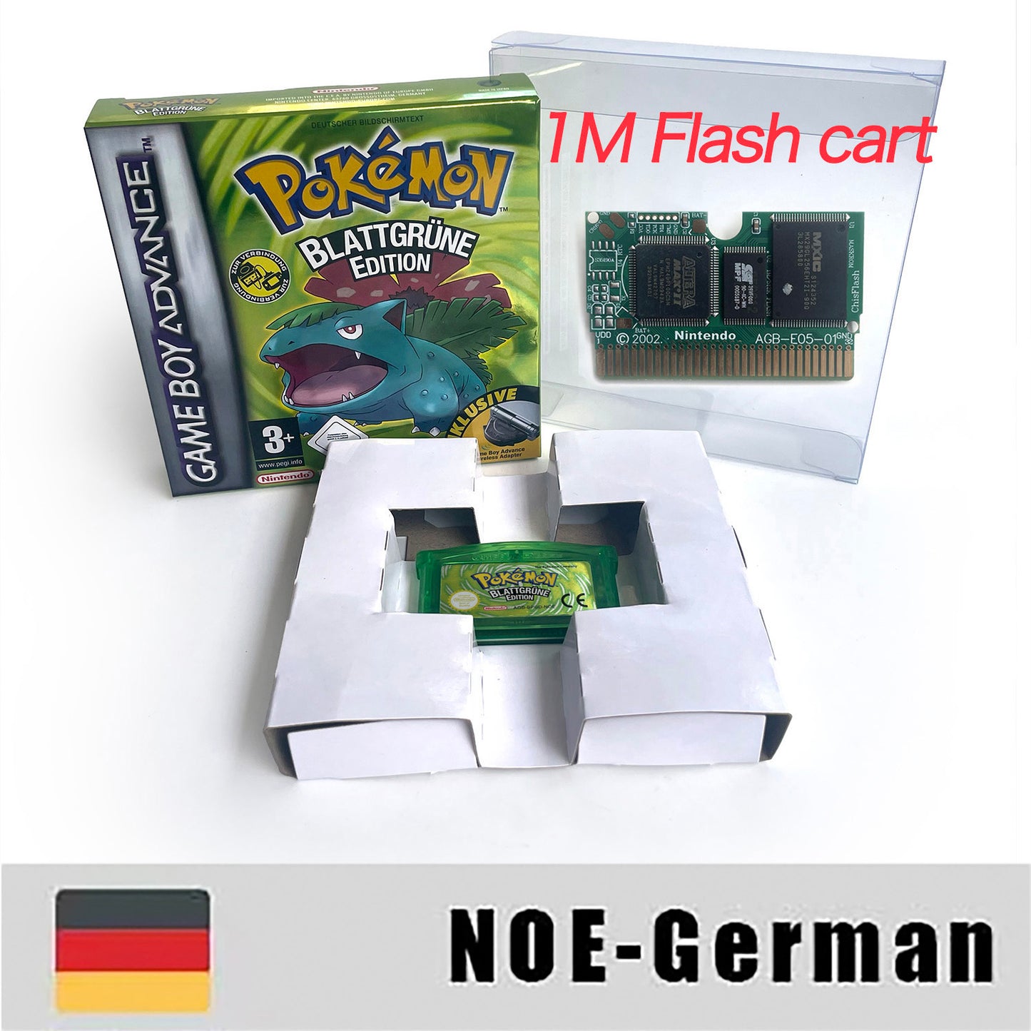 NOE German IC save 1 M flash cart pokemon leafgreen version box with tray Nintendo game cartridge for gba