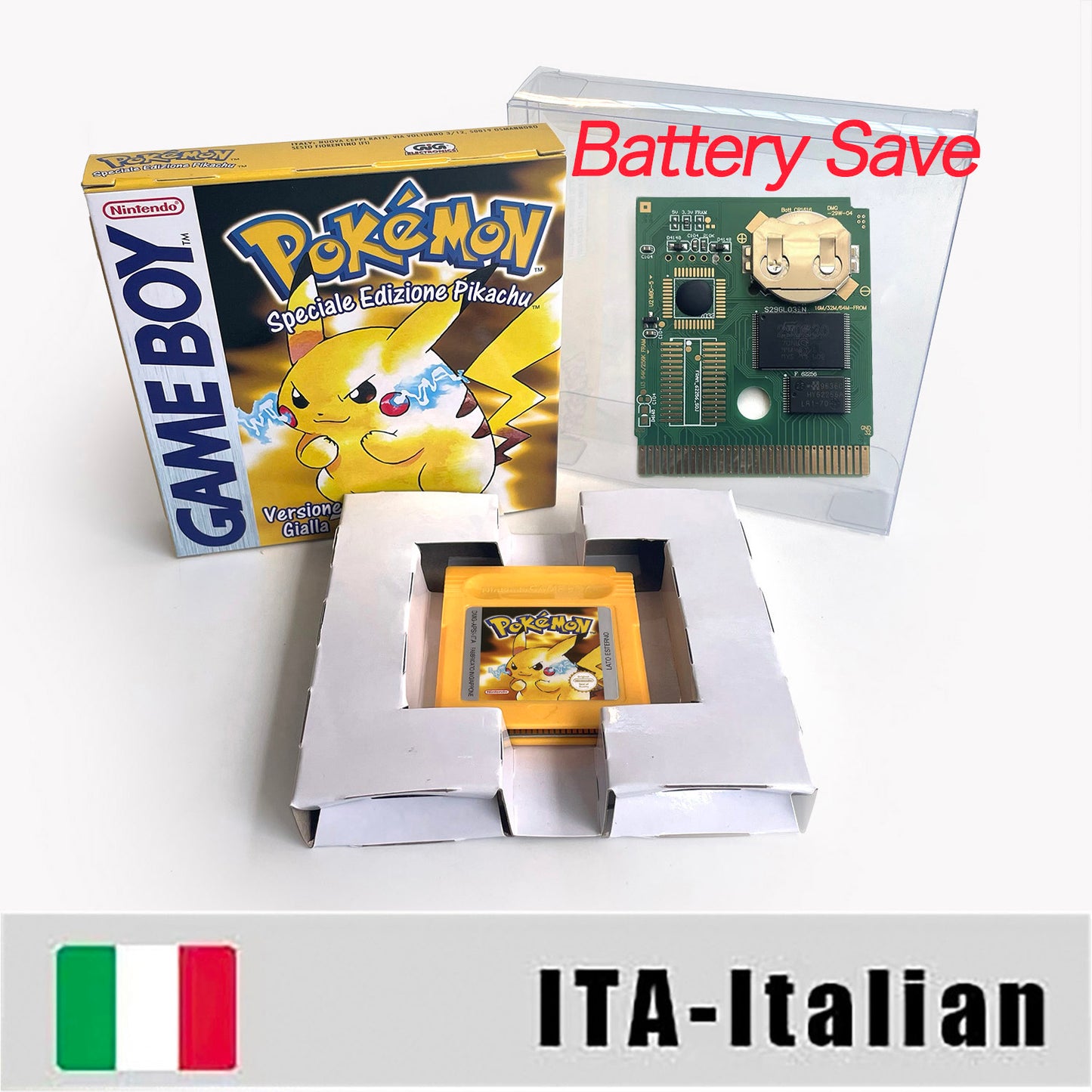 GBC game ITA Italian pokemon yellow version Nintendo Battery save NO RTC flash pokemon giallo cartridge tray box gbc game boy color