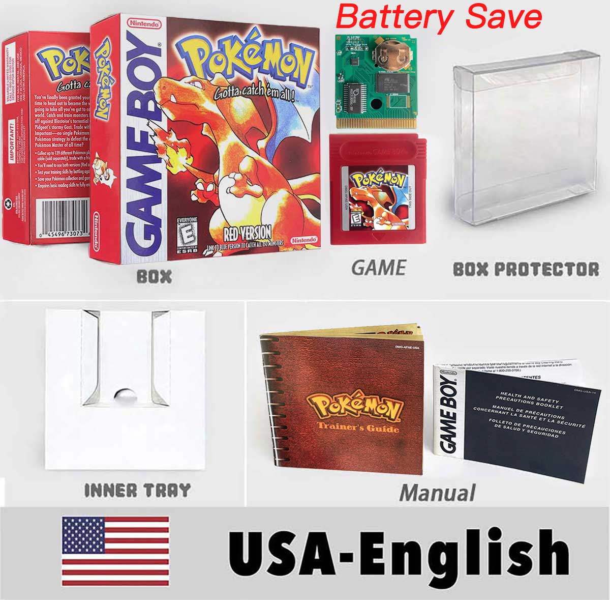 USA ITA NOE FRA ESP version battery save cart sealed pokemon crystal gold silver yellow red blue 16 bit box tray manual Game Cartridge for GBC