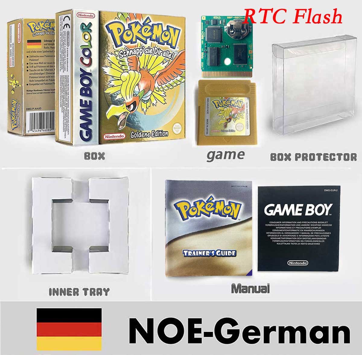 USA ITA NOE FRA ESP pokemon RTC Gold silver crystal NO RTC yellow red blue sealed 16 bit box tray manual Game Cartridge for GBC