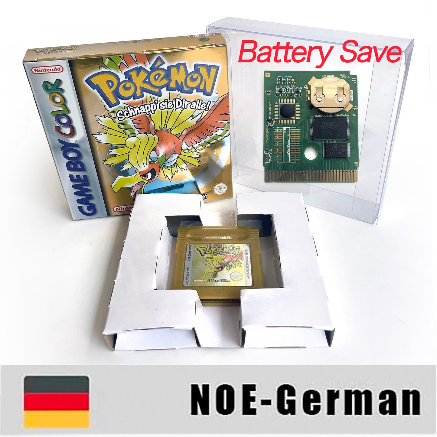 gbc game NOE German pokemon gold version RTC Flash cart Nintendo Battery save cartridge with tray box game boy color