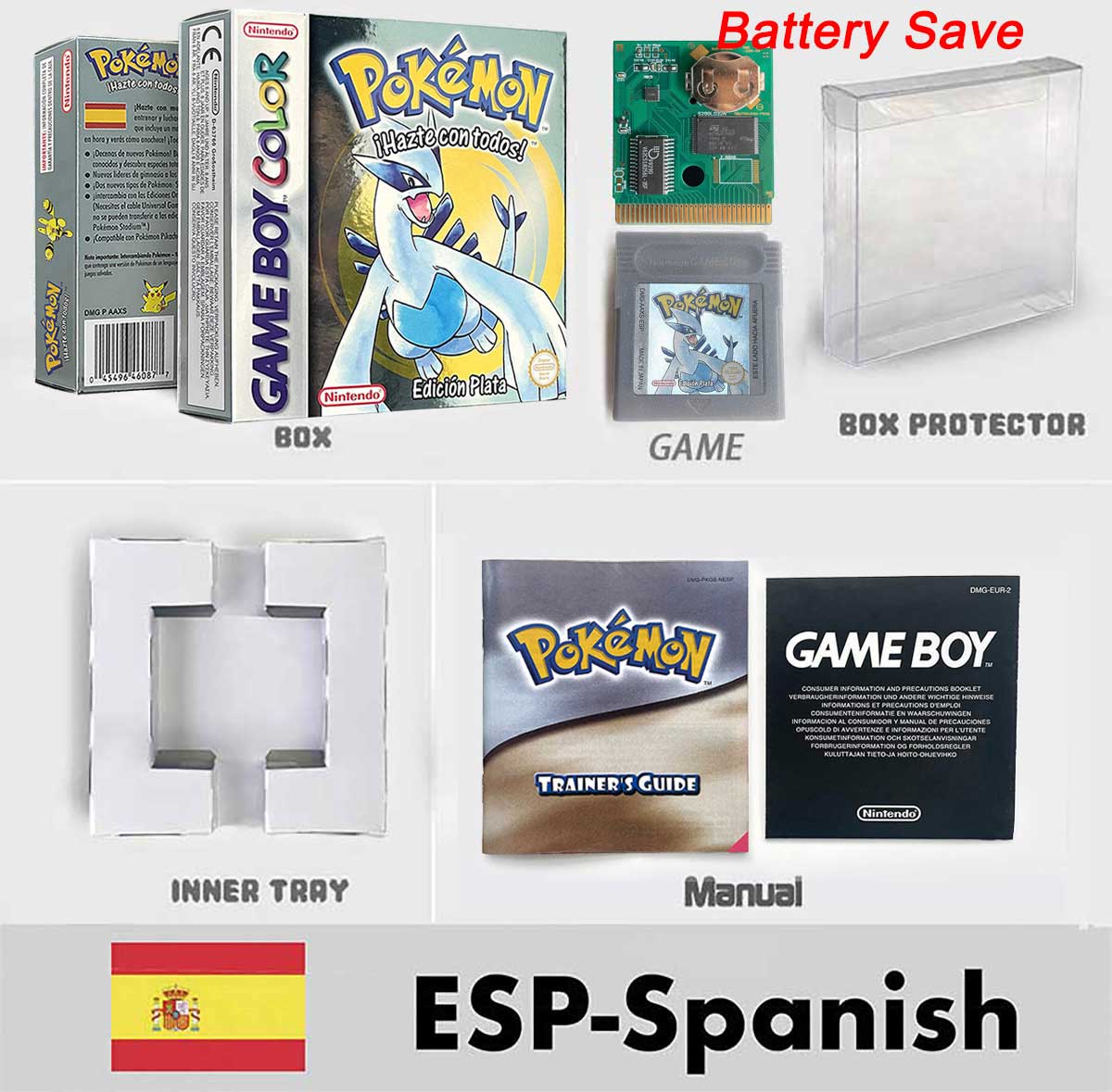 USA ITA NOE FRA ESP version battery save cart sealed pokemon crystal gold silver yellow red blue 16 bit box tray manual Game Cartridge for GBC