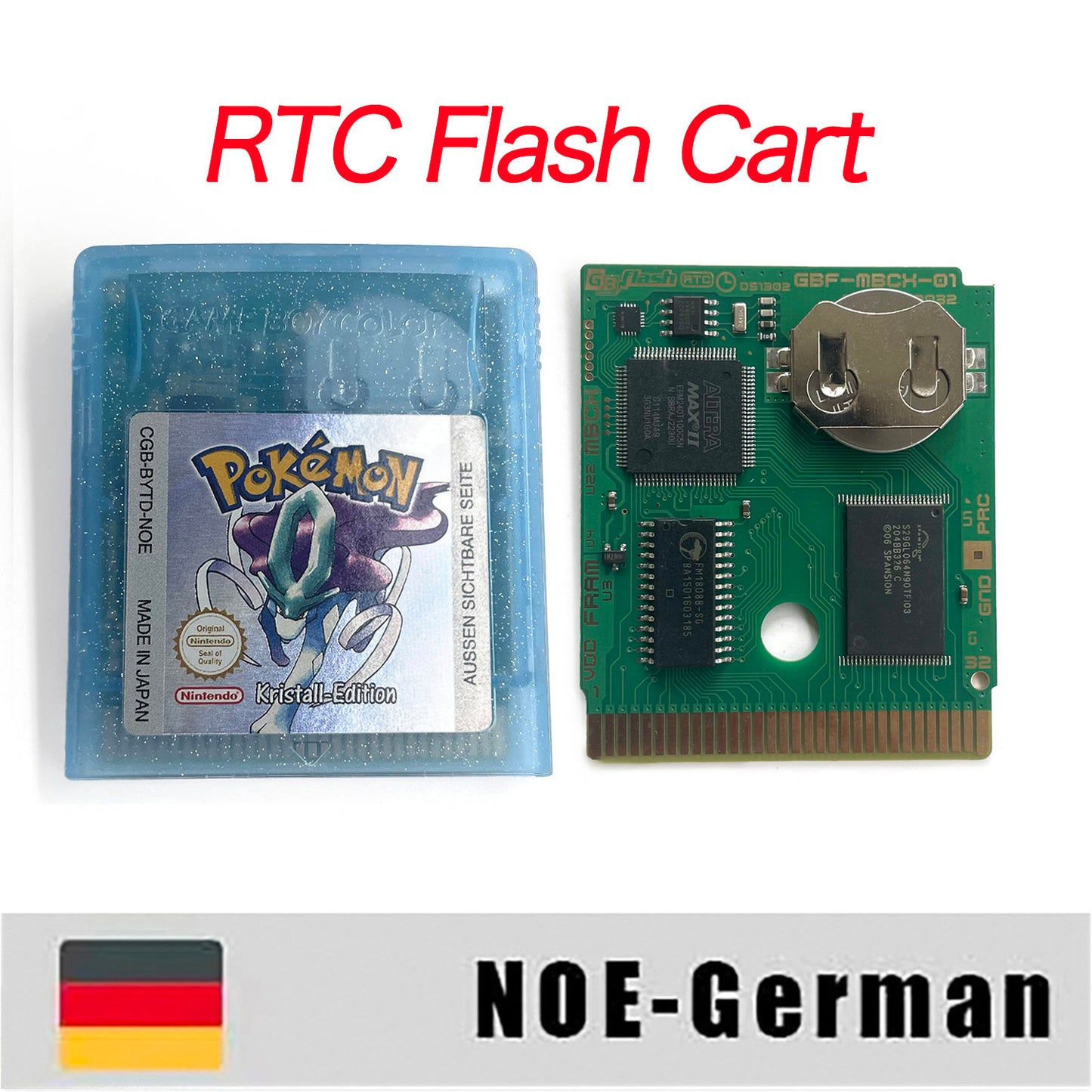GBC game NOE German pokemon crystal version RTC Flash cart Battery save Nintendo pokemon Kristall cartridge tray box game boy color