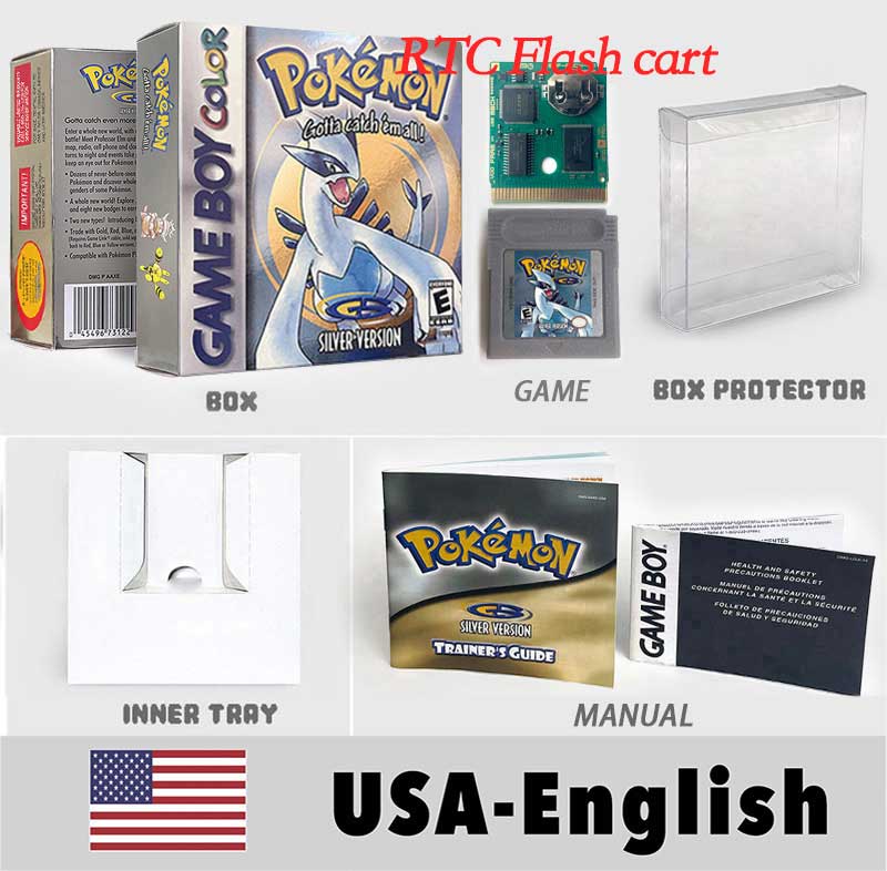 USA ITA NOE FRA ESP pokemon RTC Gold silver crystal NO RTC blue yellow red sealed 16 bit box tray manual Game Cartridge for GBC