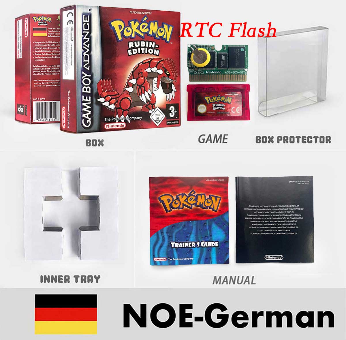 USA FRA NOE FRA RTC/1 M Flash CART pokemon sapphire ruby leafgreen emerald firered sealed box tray Game Cartridge manual for gba