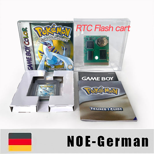 GBC game NOE German pokemon silver version RTC Flash cart Battery save Nintendo pokemon Silber cartridge tray box game boy color