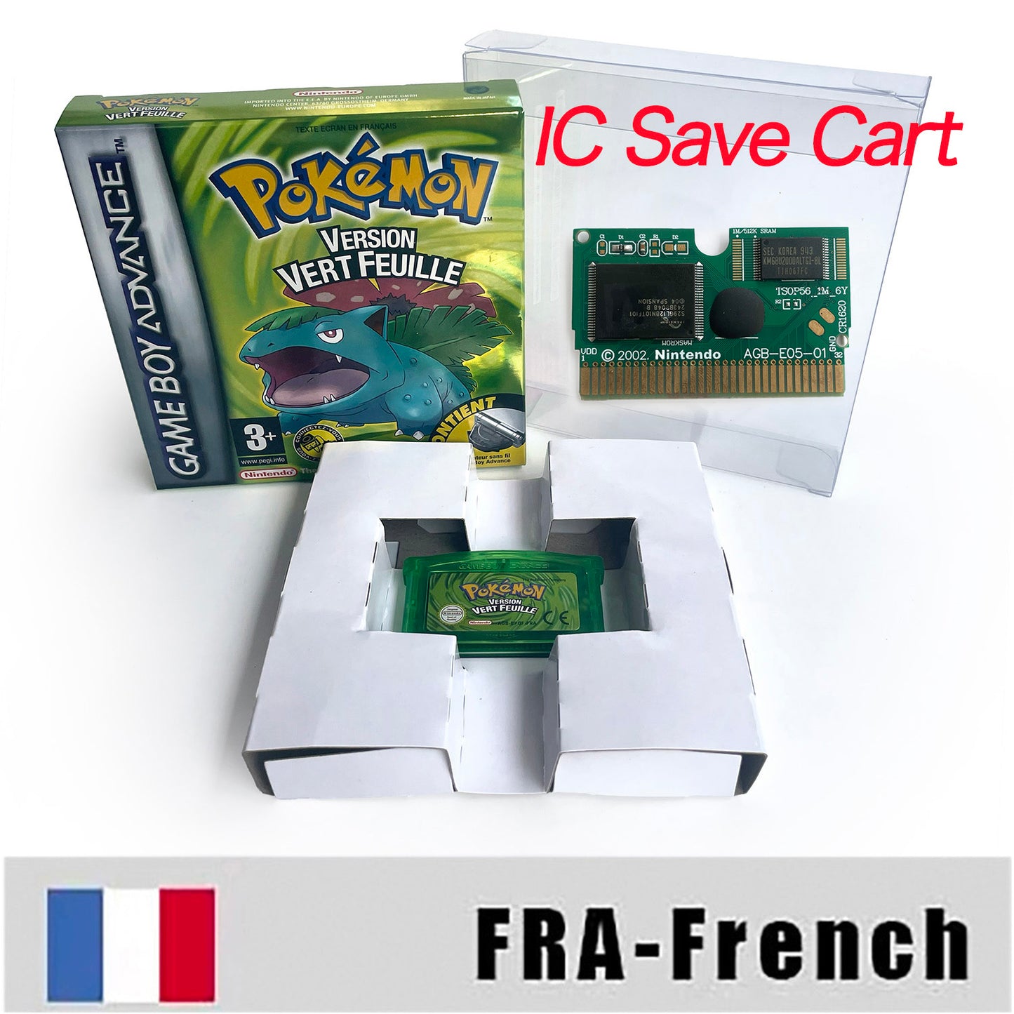 FRA French IC save 1 M flash cart pokemon feuille verte version box with tray Nintendo game cartridge for gba game boy advance