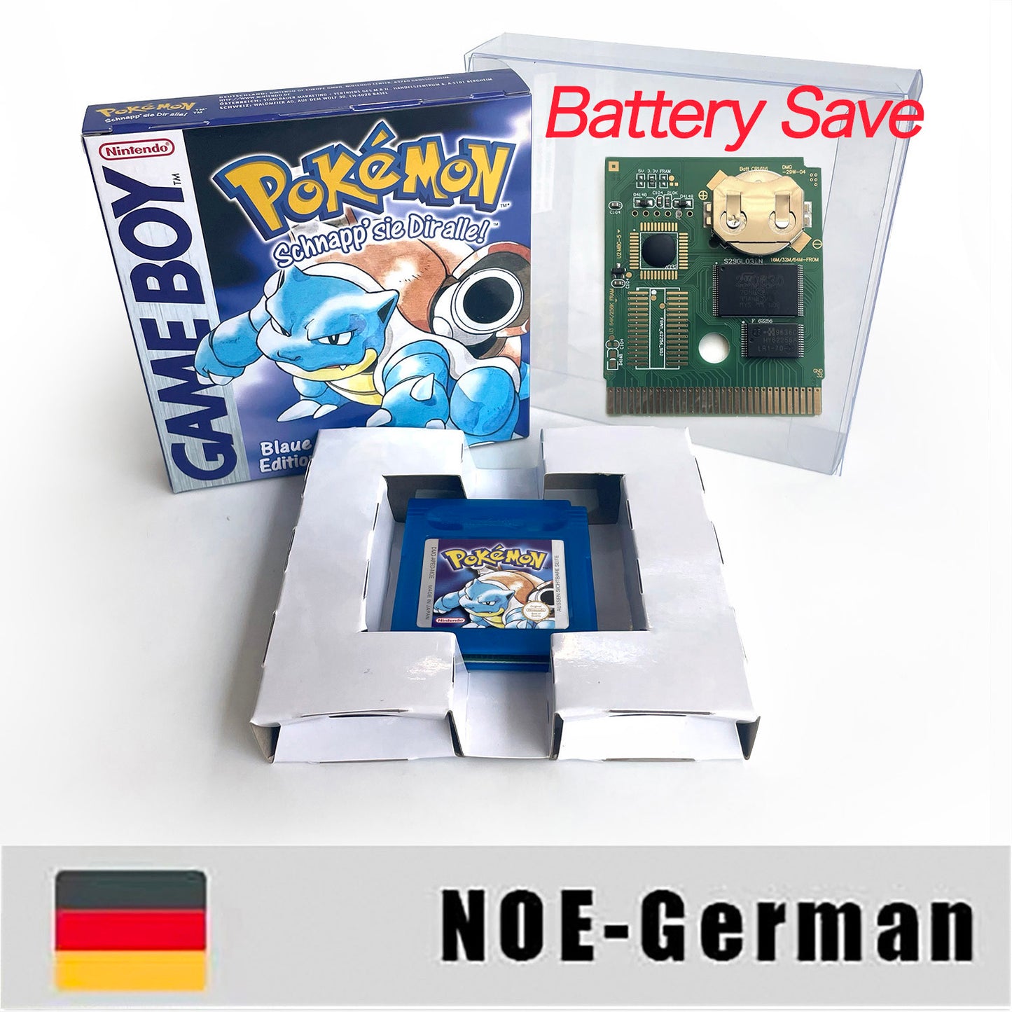 GBC game NOE German pokemon blue version Nintendo Battery save flash cart pokemon blau cartridge tray box gbc game boy color