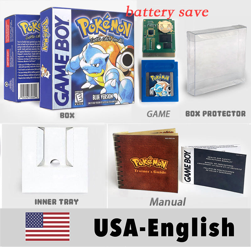 USA ITA NOE FRA ESP version battery save cart sealed pokemon crystal gold silver yellow red blue 16 bit box tray manual Game Cartridge for GBC