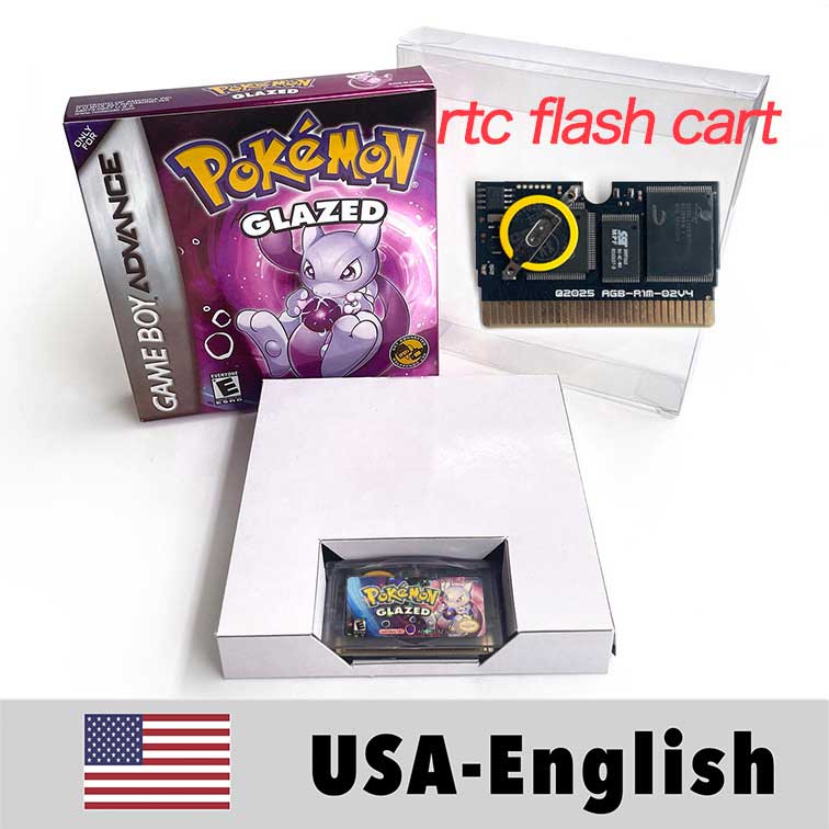 USA ESP RTC/1M Flash cart pokemon GLAZED Emerald Legacy firered rocket Unbound Odyssey lazarus Cartridge BOX Card Rom Hack for gba