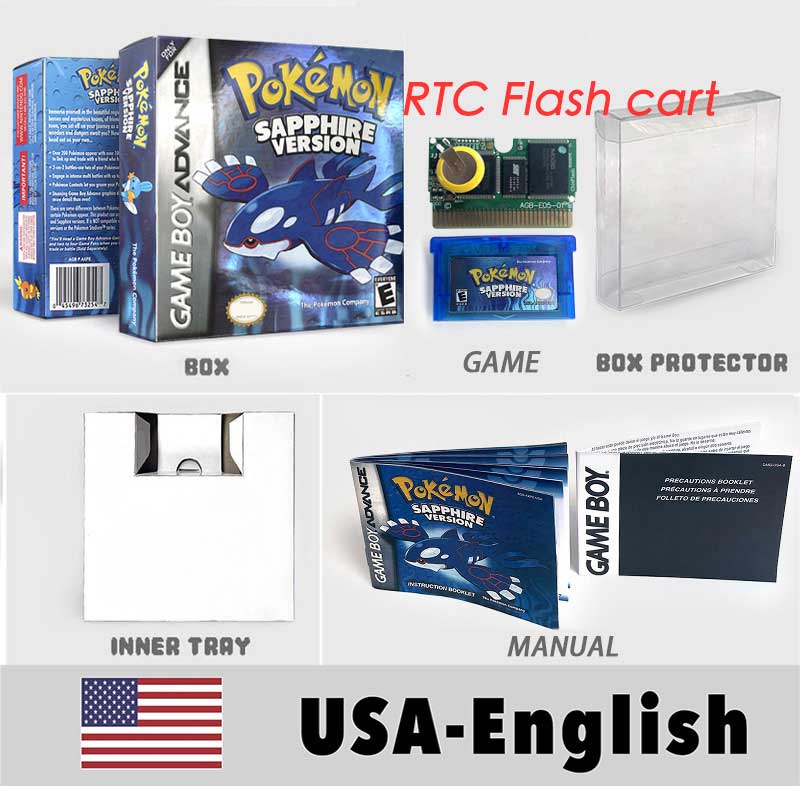 USA FRA NOE FRA RTC/1 M Flash CART pokemon sapphire ruby leafgreen emerald firered sealed box tray Game Cartridge manual for gba