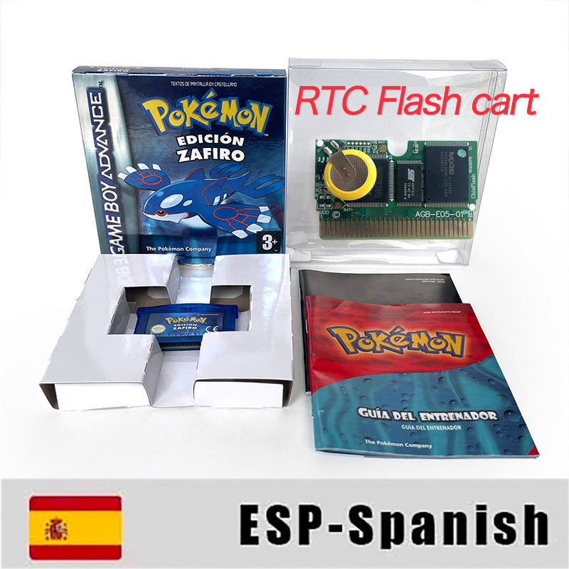 ESP Spanish IC save rtc flash cart Real Time Clock pokemon sapphire version sealed manual box with tray Nintendo game cartridge for gba