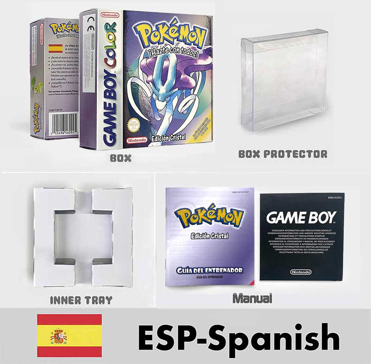 USA FRA NOE ESP ITA Pokemon Yellow Blue Red Crystal Silver Gold Green box and manual for GBC