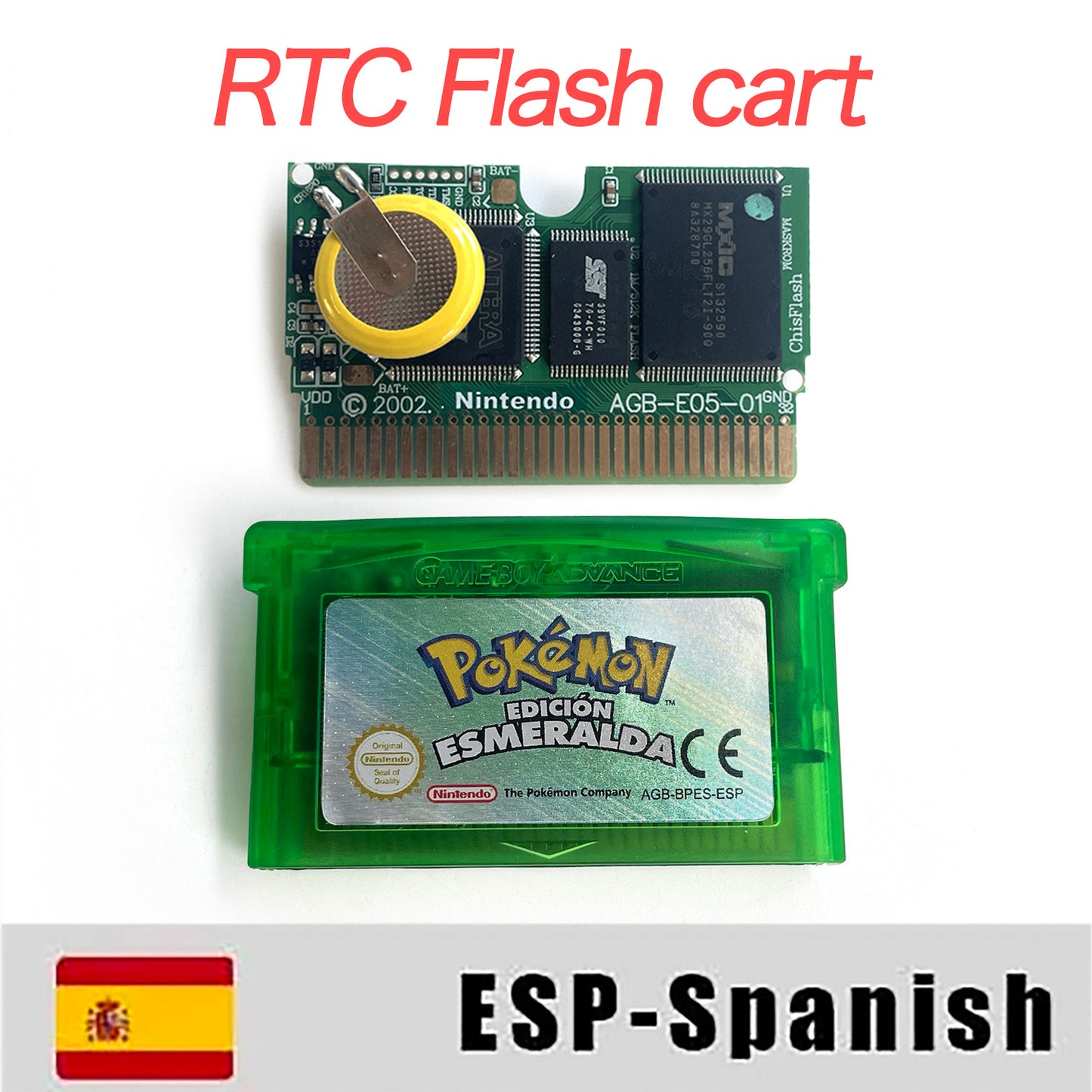 ESP Spanish IC save rtc flash cart Real Time Clock pokemon emerald version box with tray Nintendo game cartridge for gba